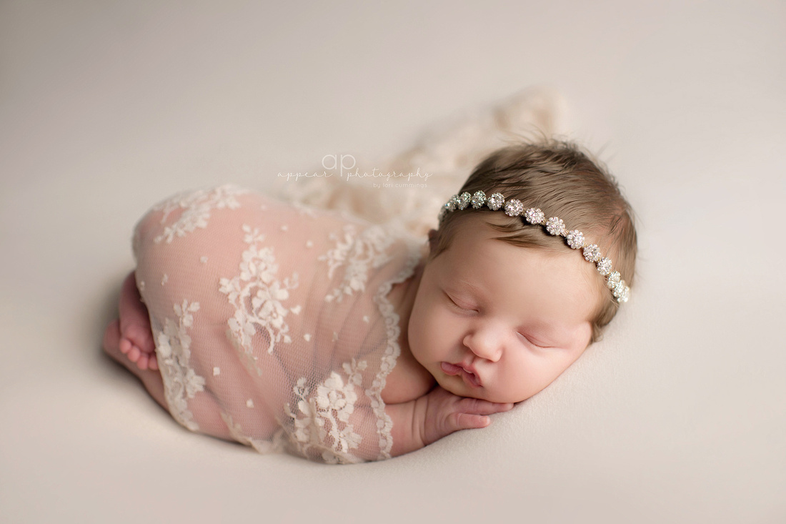 Appear Photography, Hoover, Birmingham, Alabama newborn baby photographer, bum up, tush up pose, black and white, lace
