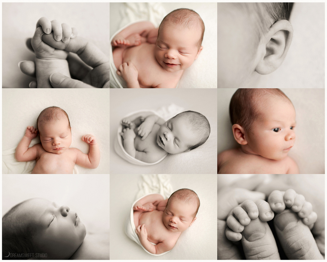 Dreamsweet Studio, Newborn baby photo session, Family photography, Central AL, Pelham, Birmingham, Alabama, white backdrop, closeup, macro shots, body parts, hands, feet, toes, black and white